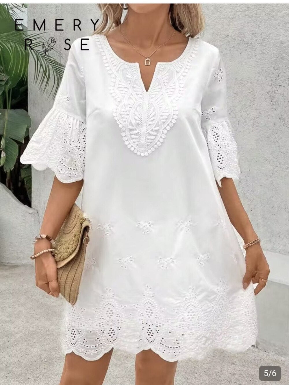 Emery Rose White Eyelet Lace Notched V-Neck Bell Sleeve Dress Size Large.